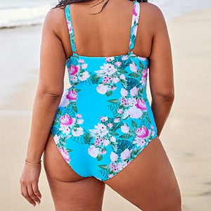 SEASELFIE Plus Size Sexy Blue Floral One Piece Swimsuit Women Large Size Monokini Bathing Suit 2022 Beach Swimwear