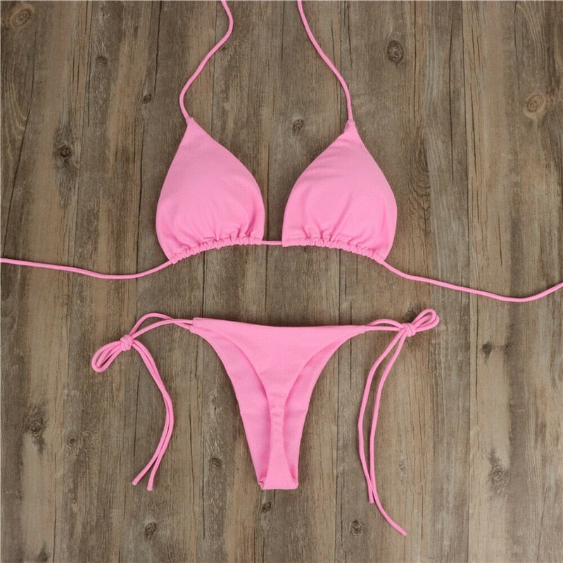 Summer Sexy Solid Mirco Bikini Sets Women Tie Side G-String Thong Swimsuit Female Bandage Bathing Suit Brazlian Swimwear Biquini