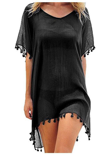 Summer Women Bikini Cover Up Chiffon Pompom Detail Hollow Crochet Swimsuit Cover-Ups Bathing Suit Beachwear Tunic Beach Dress