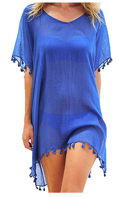 Summer Women Bikini Cover Up Chiffon Pompom Detail Hollow Crochet Swimsuit Cover-Ups Bathing Suit Beachwear Tunic Beach Dress