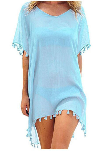 Summer Women Bikini Cover Up Chiffon Pompom Detail Hollow Crochet Swimsuit Cover-Ups Bathing Suit Beachwear Tunic Beach Dress