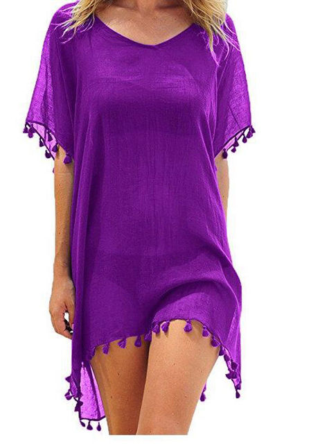 Summer Women Bikini Cover Up Chiffon Pompom Detail Hollow Crochet Swimsuit Cover-Ups Bathing Suit Beachwear Tunic Beach Dress