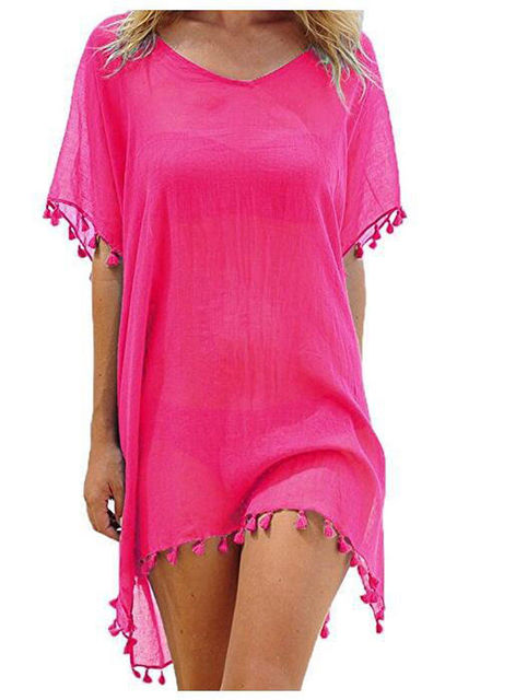 Summer Women Bikini Cover Up Chiffon Pompom Detail Hollow Crochet Swimsuit Cover-Ups Bathing Suit Beachwear Tunic Beach Dress